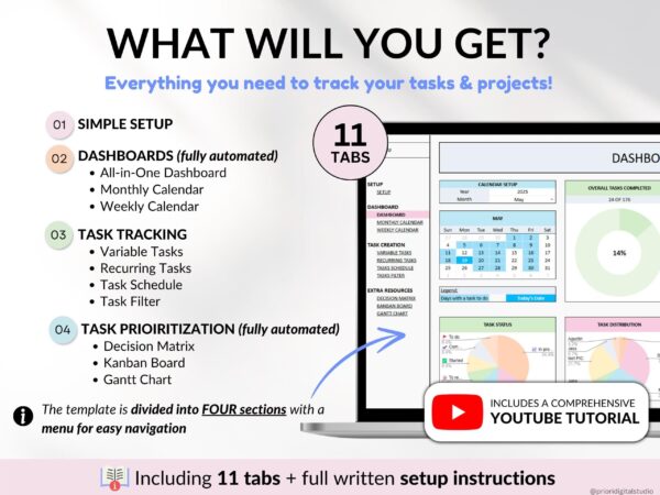 Task Tracker Spreadsheet Template Google Sheets Digital To-Do List Excel Daily Task Priority List Work Organization Team Project - Image 3