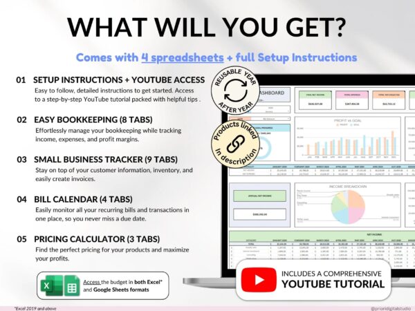 Small Business Bundle Bookkeeping Inventory Tracker Order Tracker Product Handmade Pricing Calculator Smart Bill Google Sheet Excel - Image 3