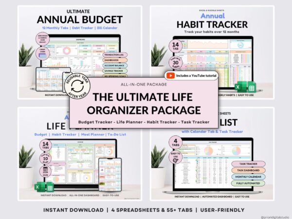 Ultimate Annual Budget Template Excel Google Sheets Budget Spreadsheet Organization Planner Life Template Habit Tracker Task Tracker
